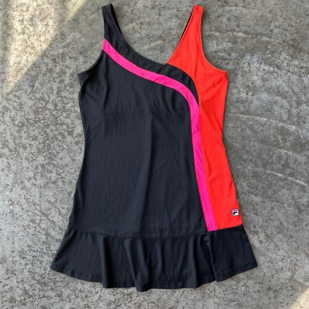 FILA 100 Anniversary Centre Court Tennis Dress Women's Medium Black Pink Red